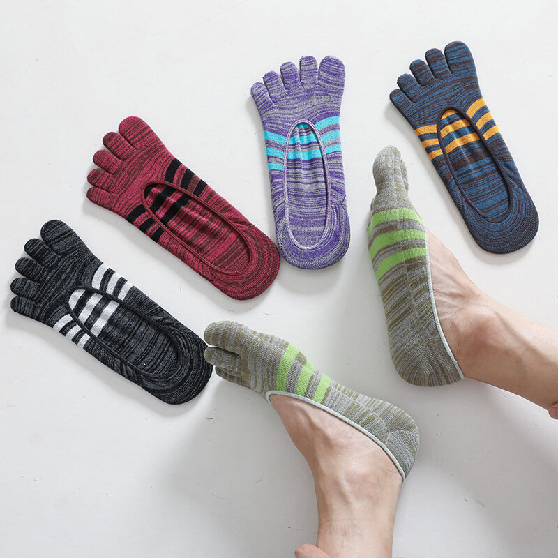 جوارب صيفية غير مرئية للرجال من إصبع القدم ، شرائط ملونة ، رقيقة ، ناعمة ، فم ضحل ، تنفس ، مزيل عرق ، 5 أصابع ، قطن