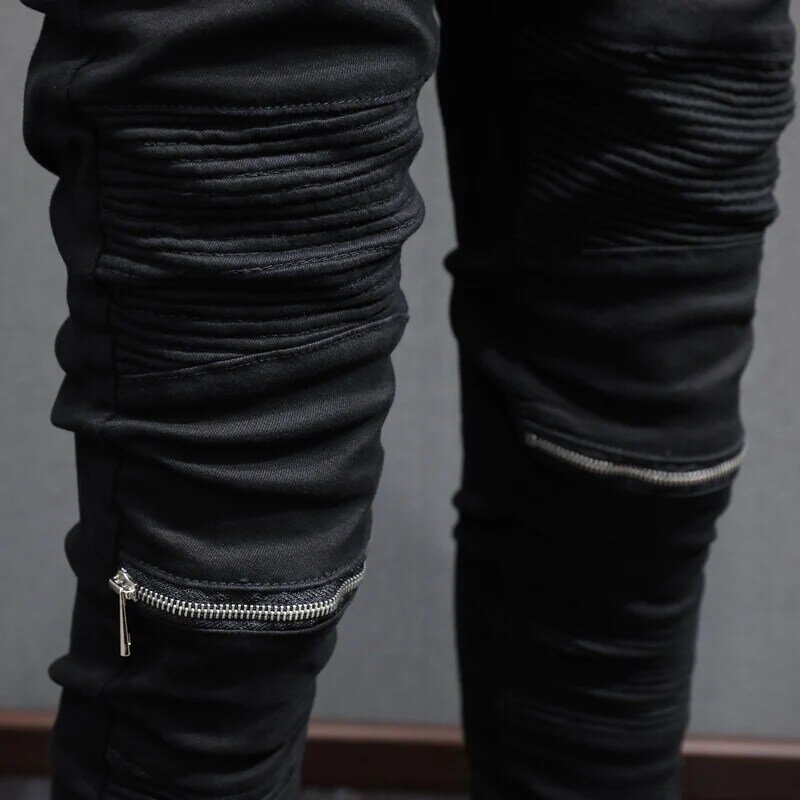 سراويل جينز سوداء مرنة ممزقة أنيقة للشارع ، بنطال جينز للرجال بتصميم الهيب هوب من قماش الدنيم