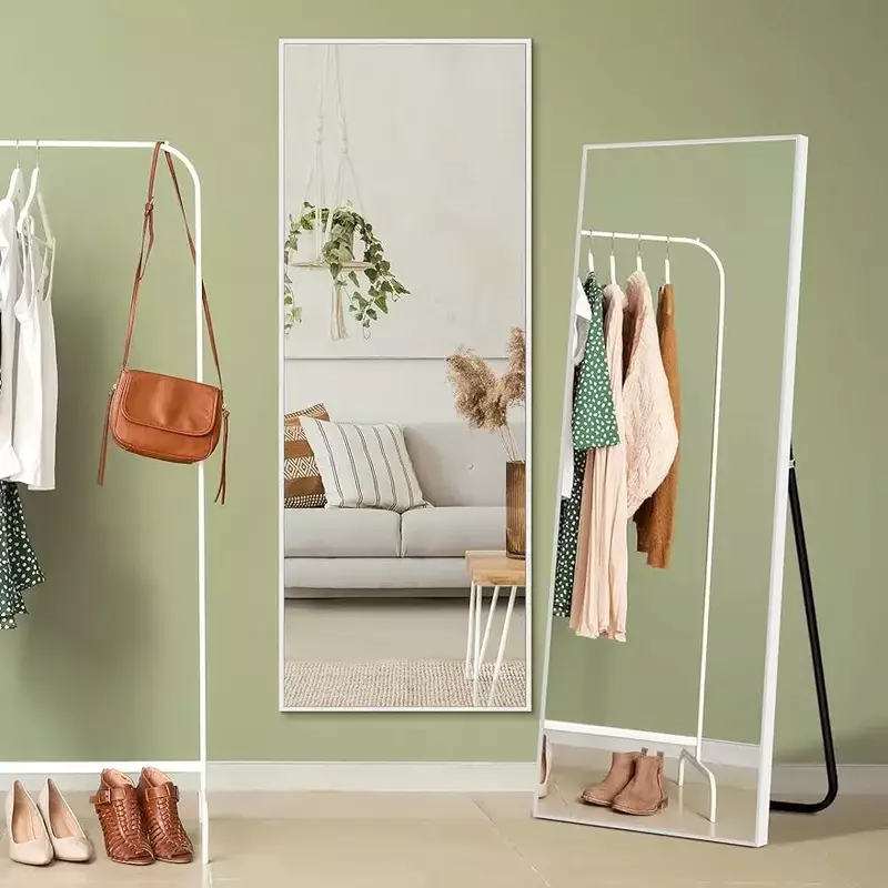 مرآة كبيرة لخلع الملابس الأرضية مع حامل ، سبيكة ، قائمة بذاتها ، مرآة مثبتة على الحائط ، أبيض ، غرفة معيشة ، عنبر نوم