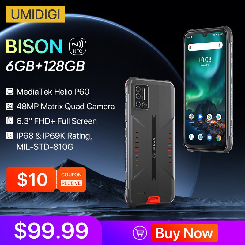 UMIDIGI-BISON الهاتف الذكي ، IP68 ، IP69K مقاوم للماء الهاتف وعرة ، 48mp مصفوفة كاميرا رباعية ، 6.3 "FHD + العرض ، 128GB ، والهواتف الذكية
