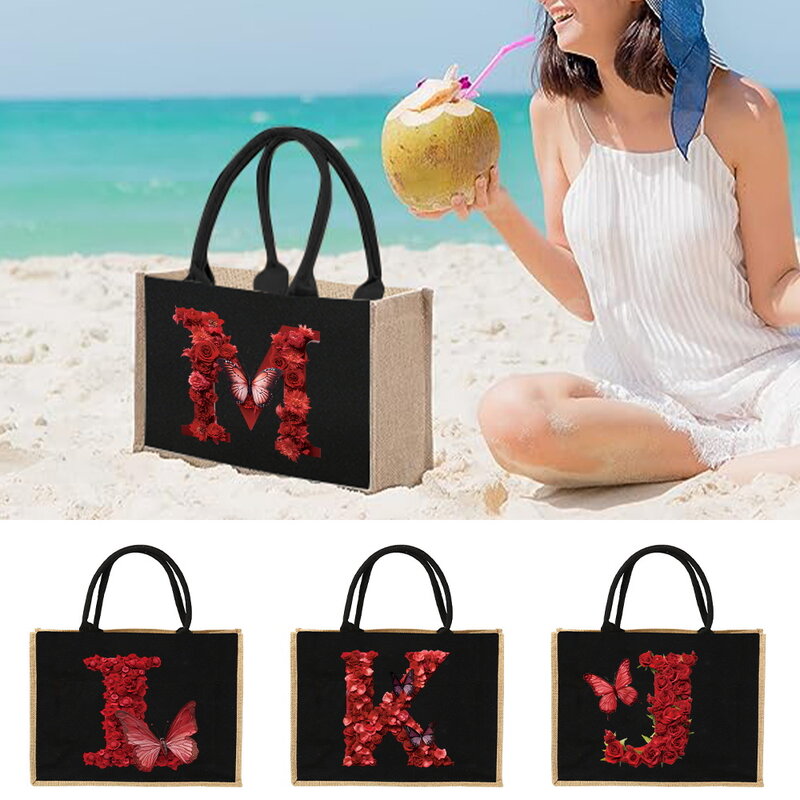 حقيبة كتان بسيطة للنساء ، حقائب تسوق عصرية ، السفر الخارجي ، تخزين المنتجات بيئيًا ، سلسلة نمط الورد الأحمر