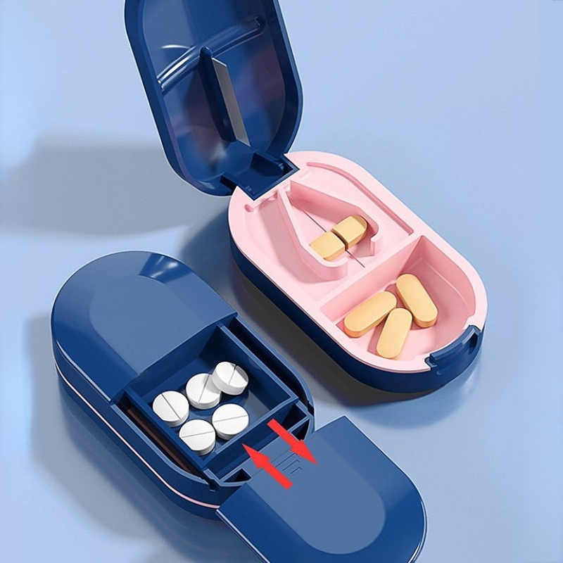 حبة القاطع مع صندوق تخزين غير مرئية المحمولة 2 في 1 المخدرات الصغيرة اللوحي الطب الغبار مقسم المنظم كسارة حبة صندوق
