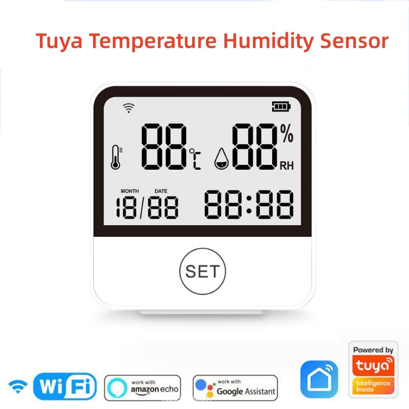 Tuya الذكية واي فاي استشعار درجة الحرارة والرطوبة ، ميزان الحرارة في الأماكن المغلقة ، الرطوبة مع شاشة LED ، ويدعم اليكسا ، جوجل الرئيسية