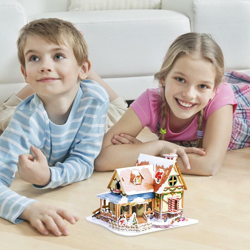 الألغاز ثلاثية الأبعاد للأطفال موضوع قرية عيد الميلاد ، مجموعات نموذج سنو كوخ ، مشهد الثلج الأبيض ، بلدة صغيرة