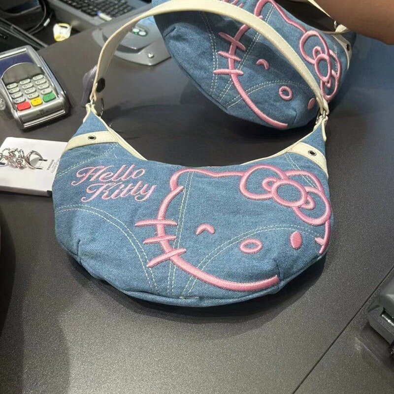 MBTI Hello Kitty حقيبة يد دينم عتيقة للنساء ، تطريز لطيف ، أزياء كرتون ، حقيبة كتف ، كاجوال للسيدات ، حقيبة إبطين يومية ، جديدة