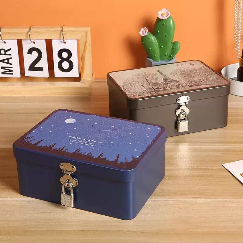 صندوق صفيح خمر مع مفتاح القفل ، صندوق تخزين سطح المكتب ، والمجوهرات المنزلية صندوق فارغ ، وثائق مستحضرات التجميل