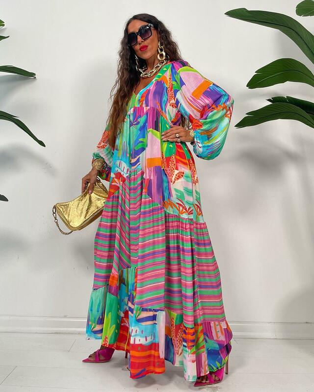 الربيع الصيف المرأة الأفريقية طويلة الأكمام الخامس الرقبة الطباعة فستان طويل فستان ماكسي Dashiki فساتين الأفريقية للنساء XS-3XL
