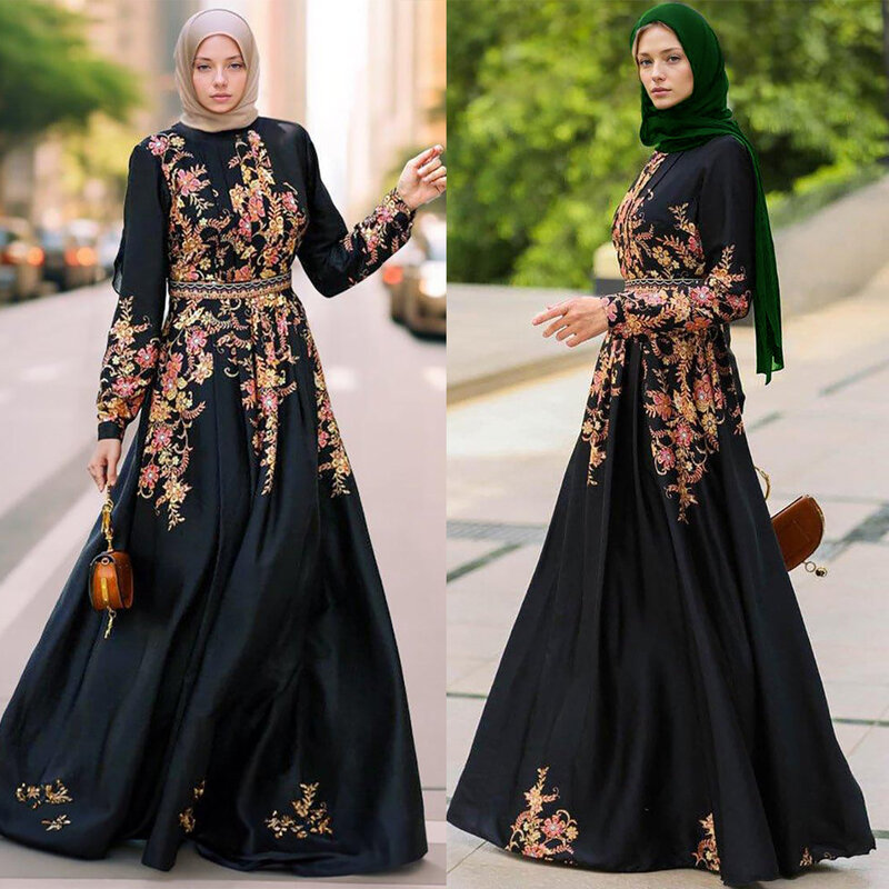فستان نسائي طويل بزهرة سوداء ، رداء تحديد المواقع بالزهور ، الشرق الأوسط ، عربي إسلامي ، طويل ، إسلامي ، أزياء فاخرة