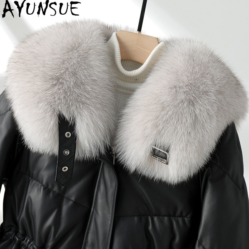 Ayunsu-سترة جلد الغنم للنساء ، 90% معطف أوزة أبيض أسفل ، طوق فرو الثعلب ، سترات جلدية فضفاضة ، والأزياء الكورية ، 100% جلد الغنم الحقيقي