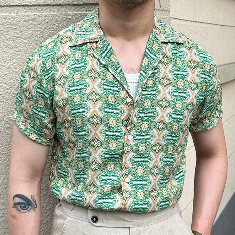عالية الجودة الصيف المطبوعة قصيرة الأكمام قميص رقيقة Vintage هاواي الرقبة الكوبية شاطئ قميص عطلة الشاطئ هاواي قميص