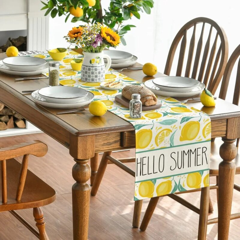عداء طاولة من الكتان الليموني ، ديكور طاولة طعام للمطبخ ، ديكور حفلة منزلية ، فاكهة مرحبًا للصيف ، الربيع