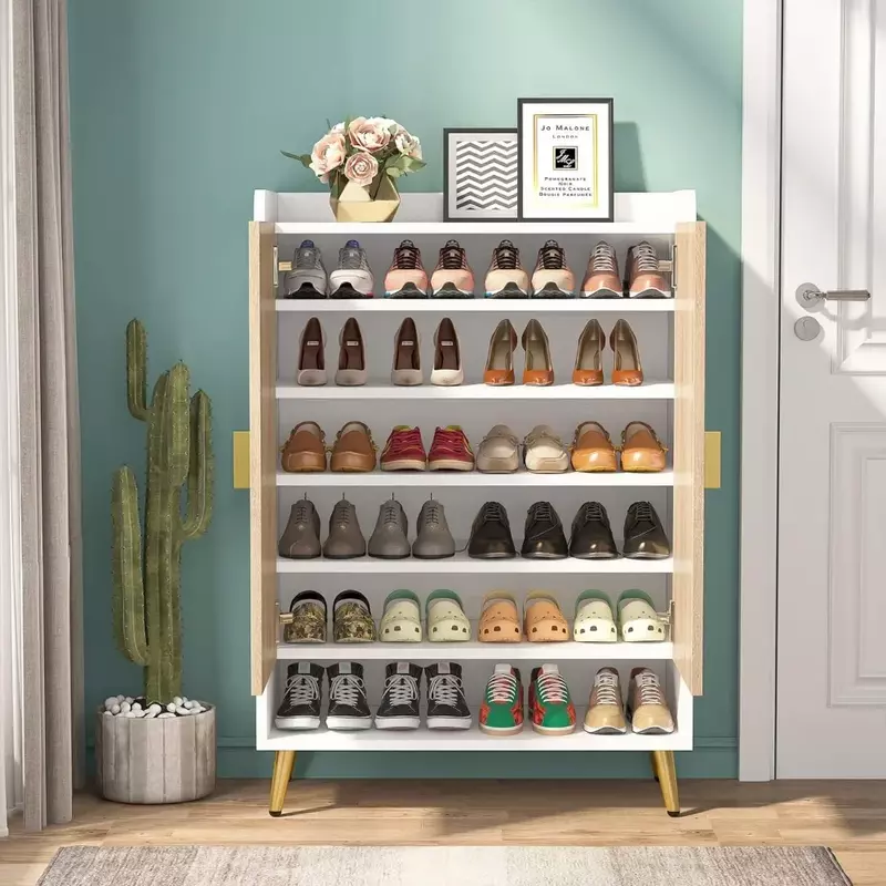 خزانة تخزين الأحذية مع أرفف قابلة للتعديل ، منظم أحذية الردهات ، الأثاث ، الخشب والذهبي ، خزانة غرفة المعيشة ، 7 طبقات
