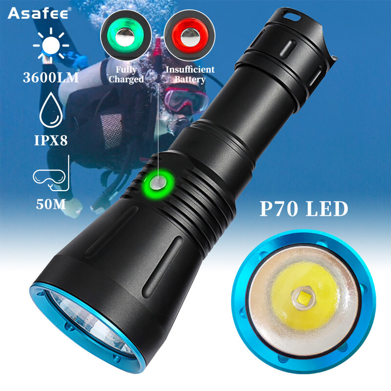 Asafee DA16S 50M المهنية LED الغوص مصباح يدوي قابلة للشحن 3600LM XHP70 LED عمق الغوص IPX8 مصباح فانوس مقاوم للماء