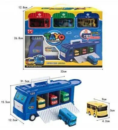 الكرتون تايوس ليتل حافلة الحاويات شاحنة صندوق تخزين وقوف السيارات مجموعة مع 3 التراجع سيارات لعب صغيرة للأطفال هدايا عيد