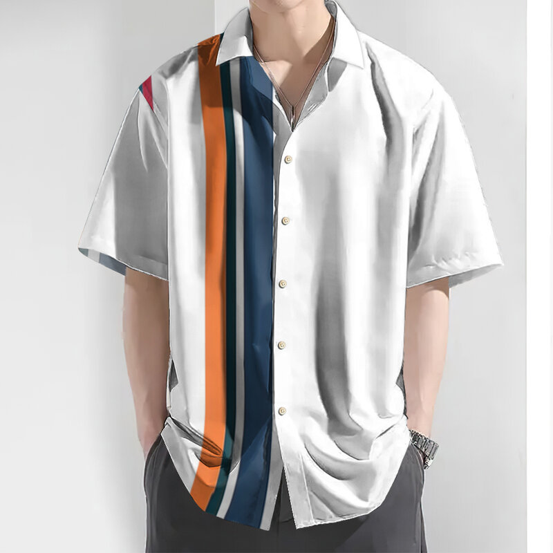 قميص رجالي مخطط ثلاثي الأبعاد بأكمام قصيرة ، أزرار علوية بسيطة ، تي شيرت غير رسمي للشارع ، بلوزة عصرية ، هاواي للصيف ،