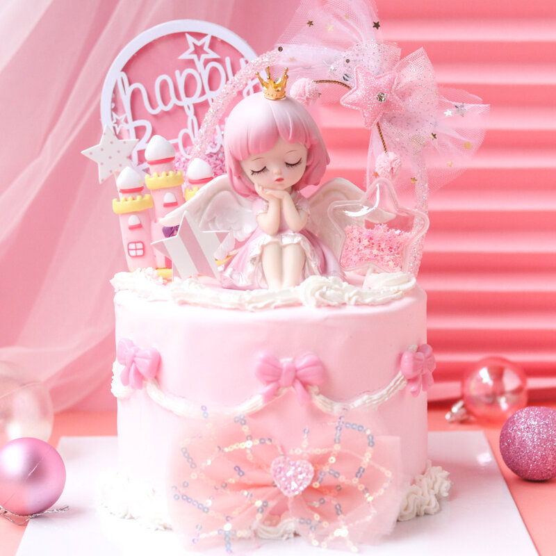 قمطة كعكة الاميرة الصغيرة لتزيين عيد ميلاد الطفلة لوازم حفلة الاطفال الوردية تزيين الكيك هدايا الحب