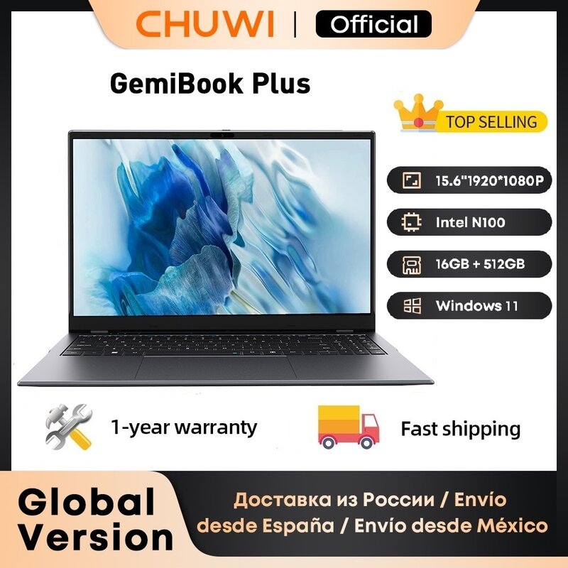 حاسب محمول CHUWI-GemiBook Plus مع مروحة تبريد ، 15.6 "، رسومات Intel N100 ، 12th Gen ، 1920*1080P ، ذاكرة الوصول العشوائي 16GB ، 512GB SSD ، ويندوز 11