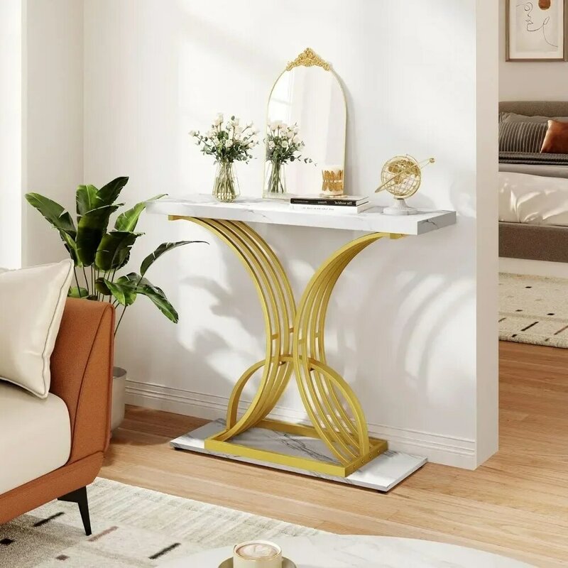 طاولة كونسول ذهبية لغرفة المعيشة ، طاولة أريكة حديثة للمدخل ، طاولة مدخل ضيقة ، رخام صناعي ، أبيض ، 40 بوصة