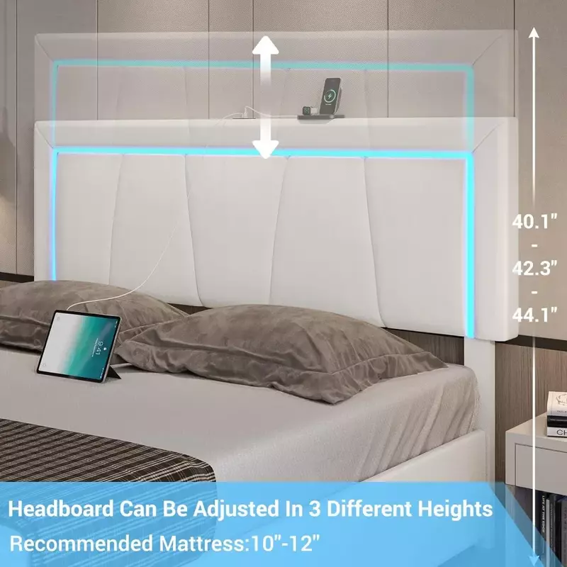 إطار سرير منجد من الجلد الصناعي مع USB ، أدراج تخزين وأضواء LED ، سرير بحجم كوين مع USB