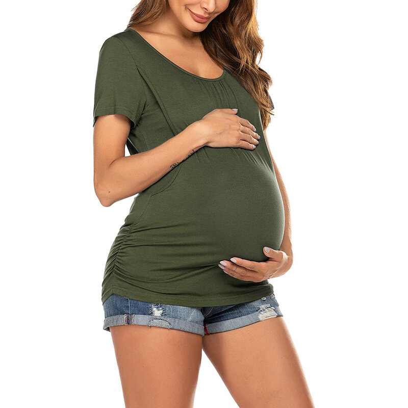 موضة جديدة الأمومة لباس غير رسمي الأمومة قصيرة الأكمام بلون الرضاعة الطبيعية تي شيرت كامل الرضاعة الطبيعية ملابس التمريض