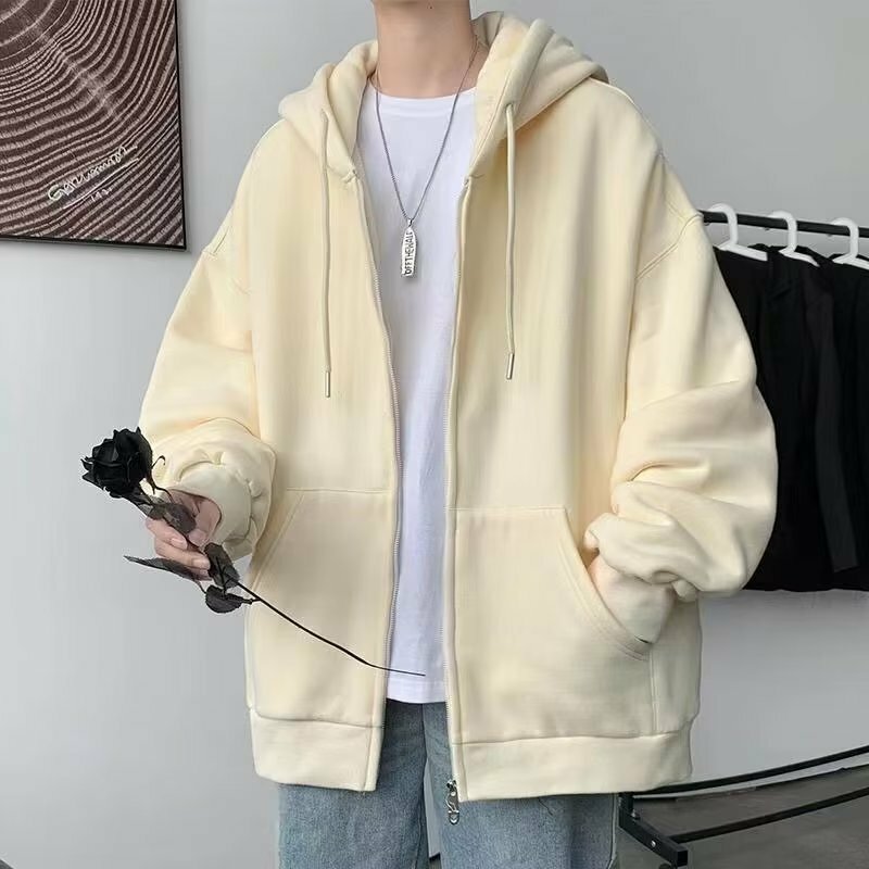 New Lazy Cardigan 2022 Youth Pop Hooded Men's Straight Sweatshirt Autumn and Winter Zipper Casual Solid Color