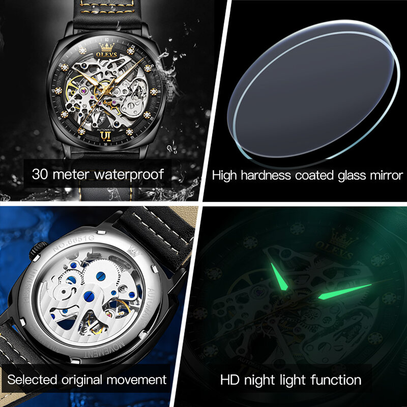 ساعة ميكانيكية أوتوماتيكية من النوع البرميل للرجال من OLEVS ، ساعة يد رجالية مضيئة مقاومة للماء ، ساعة ميكانيكية ، أصلية ، أصلية