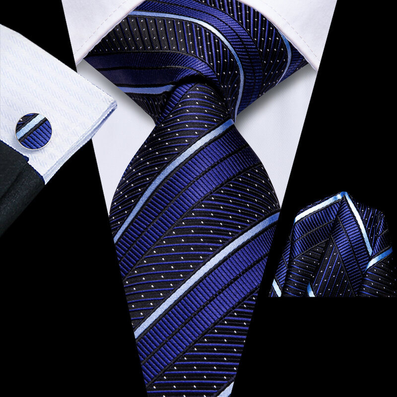 ربطة عنق أنيقة مخططة باللون الأزرق الداكن للرجال ، علامة تجارية عصرية ، ربطة عنق لحفلات الزفاف ، أزرار أكمام يدوية ، أعمال البيع بالجملة