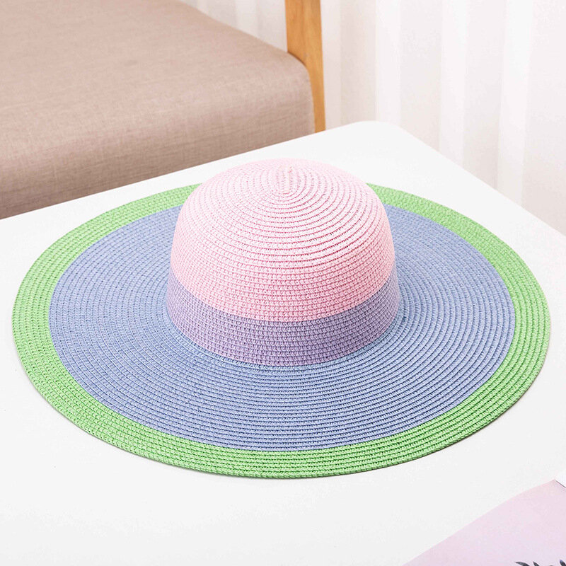 2023 صيف جديد موضة متعدد الألوان مخطط قبعة من القش المرأة واسعة حافة الرامي ظلة قبعة من القش