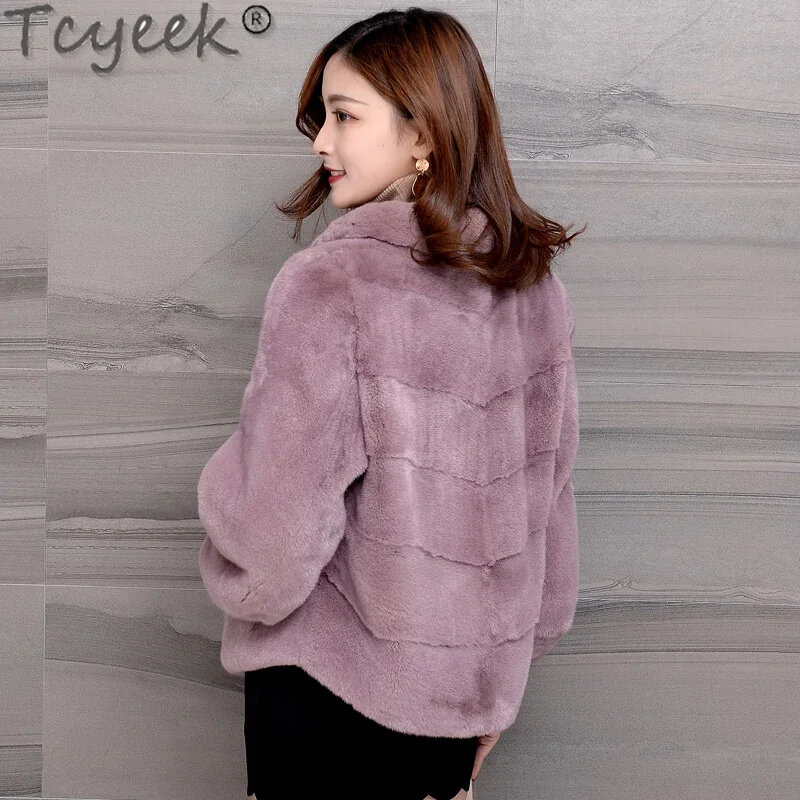 معطف Twinyeek-فرو حقيقي للنساء ، معاطف المنك الطبيعية ، ياقة قائمة ، ملابس شتوية ، جاكيت نسائي ، راقي
