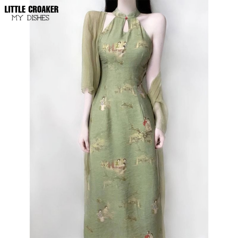 المرأة الجديدة تشيباو الصينية الملابس النسائية النمط القديم تحسين شيونغسام فتاة شابة الراقية مزاجه الأخضر العنق الصيف