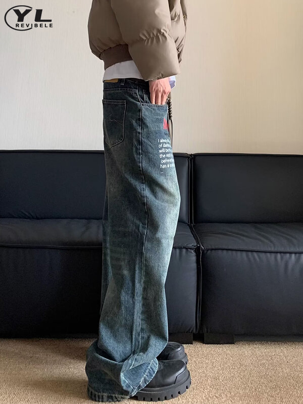 جينز مطبوع عليه حروف عتيقة للرجال والنساء ، ملابس غسلها ، بالأسى ، جينز مستقيم ، بنطال ، شارع ، هيب هوب ، قوطي ، بنطال واسع الساق ، جديد