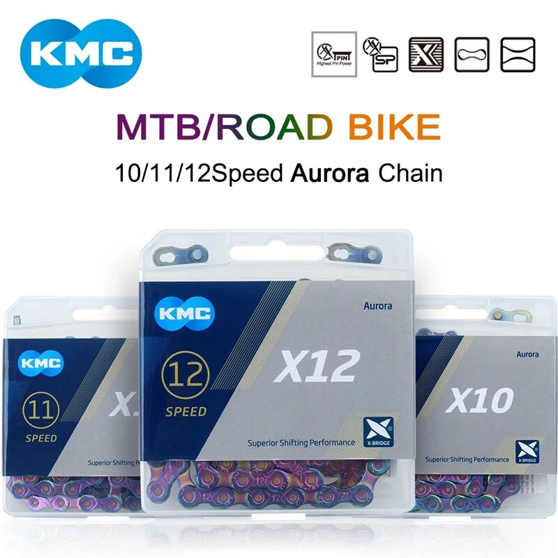 سلسلة دراجات KMC Aurora ، X10 ، X11 ، X12 ، سلاسل MTB ، 11S ، 12S ، 10S ، الطريق ، الدراجات الجبلية ، الطريق ، أجزاء SRAM شيمانو