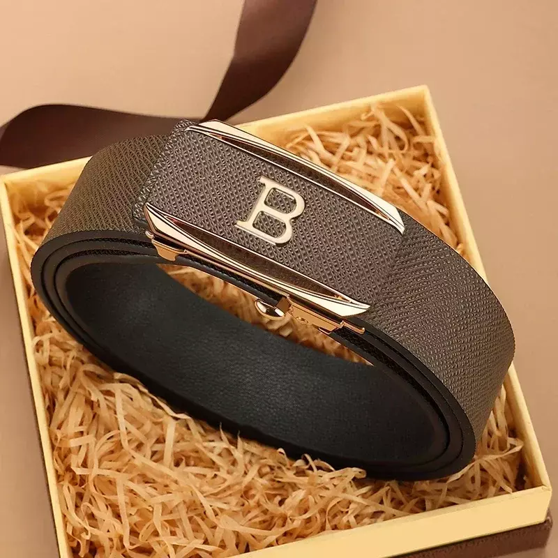 حزام مشبك أوتوماتيكي بحروف B للرجال ، حزام قهوة ، جلد طبيعي ، جودة عالية ، مصمم ، موضة غير رسمية ، HGVB