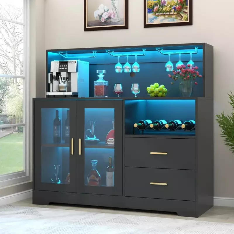 خزانة بار نبيذ بضوء LED ، خزانة نبيذ منزلية مع رف نبيذ وزجاج ، خزانة خمور حديثة لغرفة المعيشة وغرفة الطعام