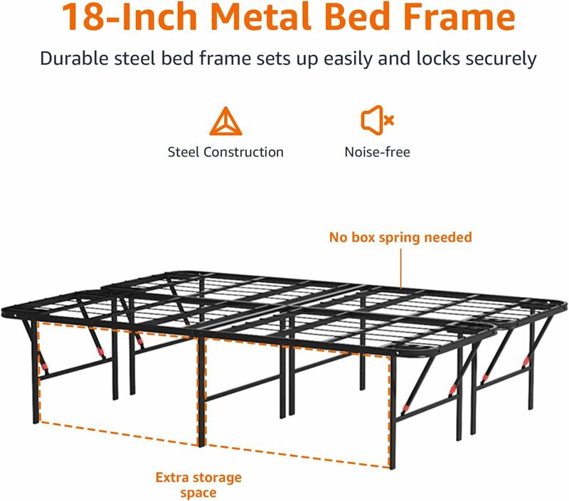 إطار سرير معدني قابل للطي مع أداة الإعداد ، 18 بوصة عالية ، إطار فولاذية قوي ، لا حاجة إلى صندوق الربيع