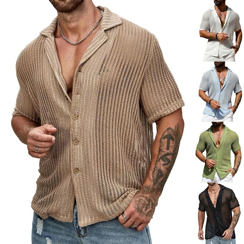 قميص رجالي شفاف من خلال الحياكة ، قمصان كاجوال بأزرار طية صدر ، أكمام قصيرة ، قميص مجوف ، أزياء الشارع المثيرة ، الصيف