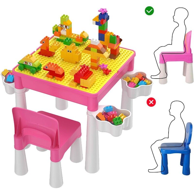 مجموعة لعب متعددة الأنشطة ، قوالب بناء ، طوب كبير متوافق ، كرسي واحد ، طاولة عمل ، 5 في 1