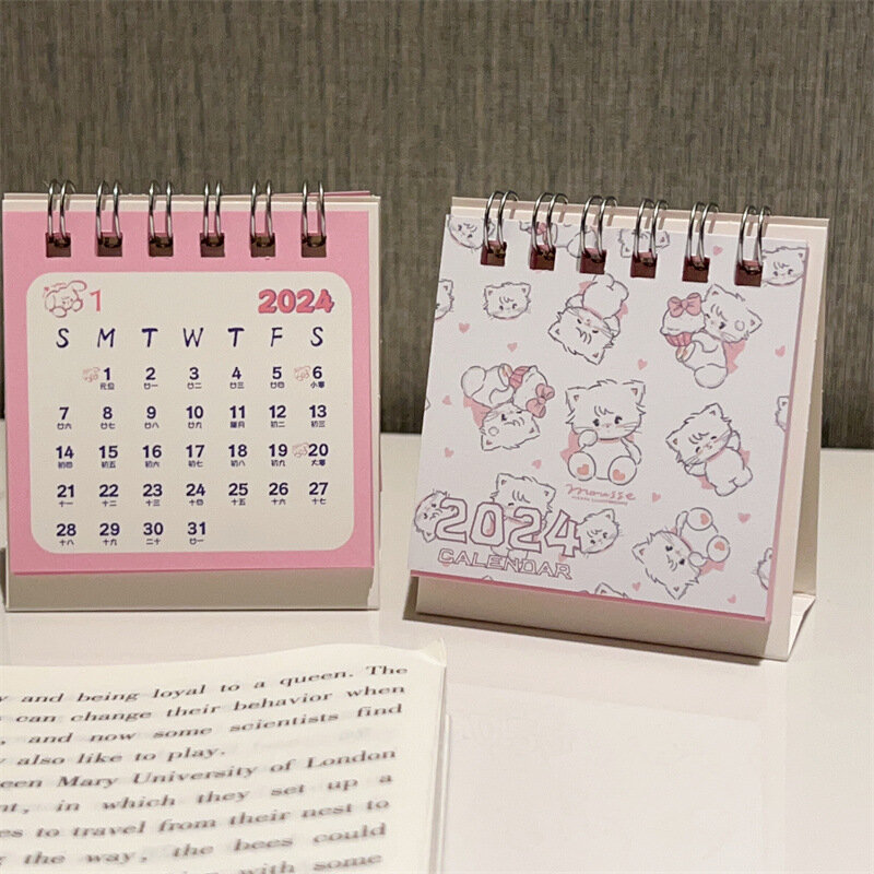الكرتون الوردي القط التقويم ، رائعة و الحد الأدنى مكتب ، منعش ملاحظات سطح المكتب المصغرة ، لفائف التقويم كتاب ، اللوازم المدرسية المكتبية ، 2024
