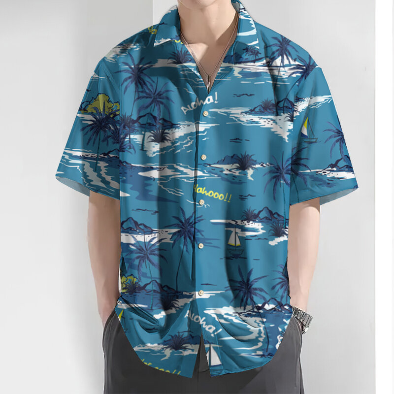 قميص هاواي قصير للرجال ، طباعة شجرة جوز الهند ، قمصان فضفاضة كبيرة الحجم ، توبات غير رسمية يومية ، ملابس رجالية ، جديدة ، ثلاثية الأبعاد ، بأكمام
