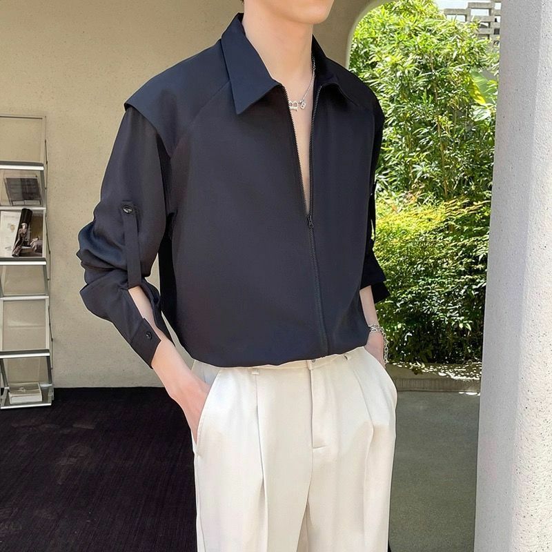 قميص رجالي كاجوال بسحاب رقيق من الحرير الجليدي ، أكمام طويلة وقصيرة ، ثني غير حديدي ، قابل للتعديل ، تصميم مناسب ، صيف ، جديد ،