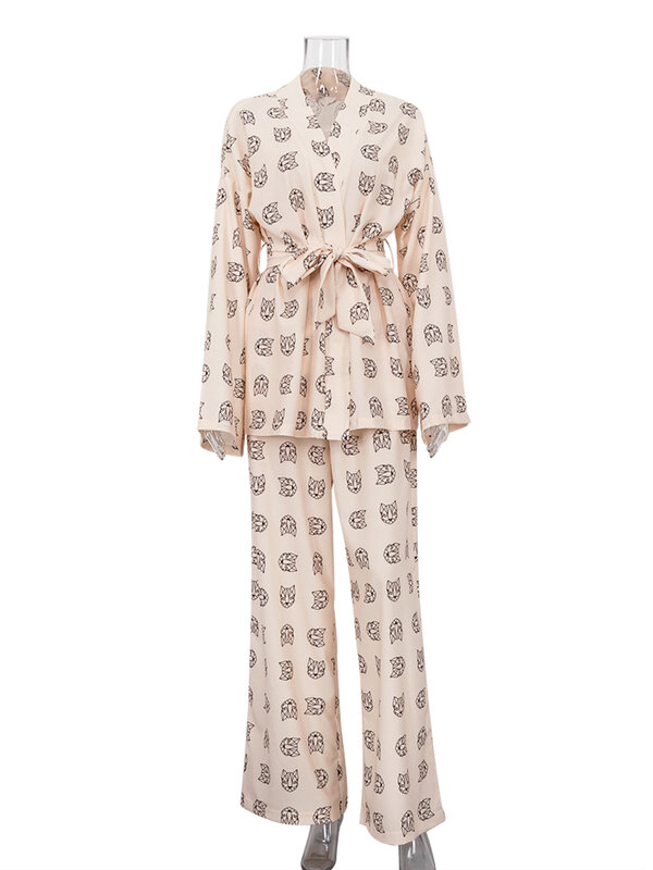 لباس نوم نسائي فضفاض مطبوع من Marthaqiqi ملابس نوم أنيقة بأكمام طويلة ورباط علوي مع طقم سراويل واسعة ملابس نوم نسائية