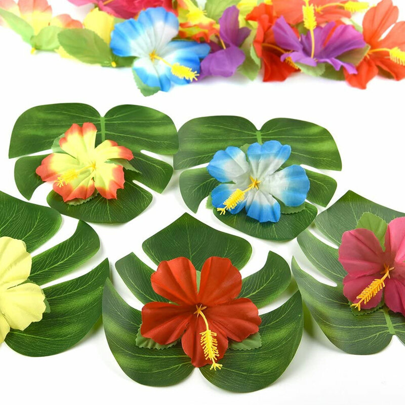 99 قطعة طقم زينة حفلات هاواي الاستوائية مع زهور الكركديه الحريرية أوراق النخيل الأناناس مظلة صغيرة القبعات العالية
