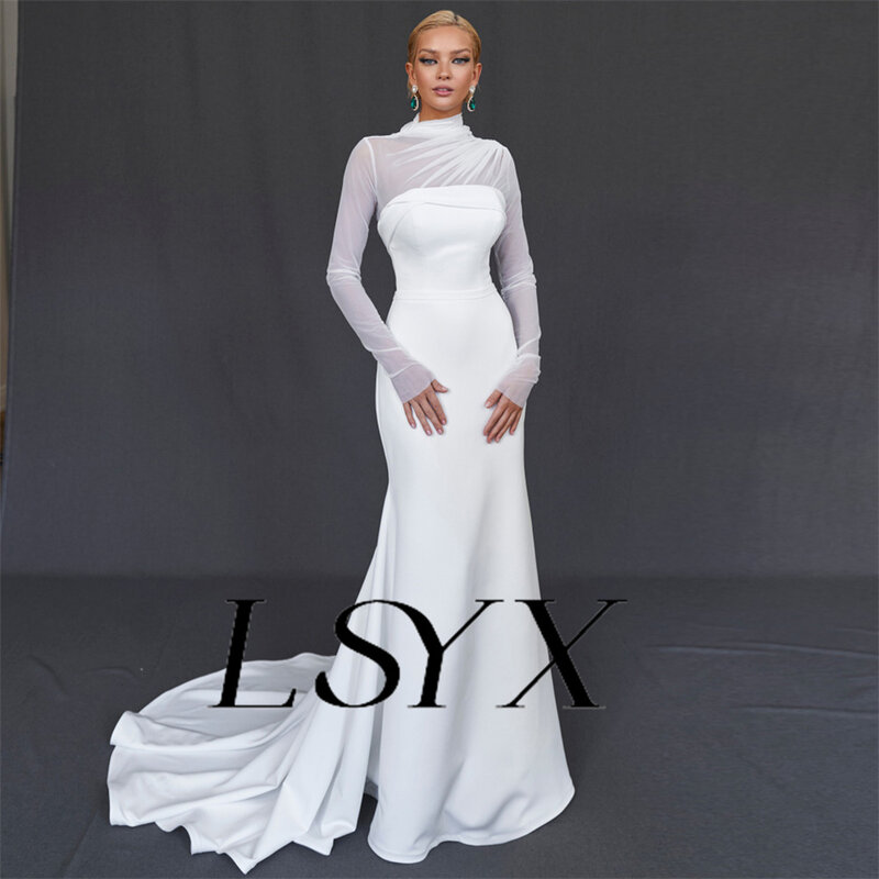 LSYX-فستان زفاف نسائي بأكمام طويلة ورقبة عالية ، ثنيات ، كريب ، حورية البحر ، وهم ، ظهر بسحاب ، ملعب ، قطار ، ثوب زفاف