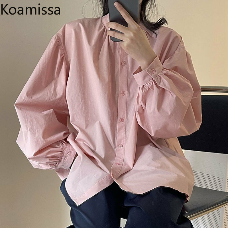 جديد من koamisa موضة قميص نسائي طويل للربيع والخريف بلوزة بأكمام واسعة وياقة ثابتة وأكمام واسعة من الصوف