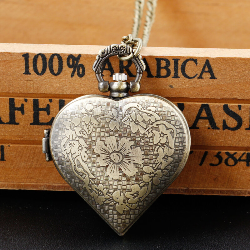 من الطراز القديم البرونزية الحب على شكل قلب جيب الساعات قلادة ساعة الكوارتز مع 80 سنتيمتر سلسلة قلادة الهدايا