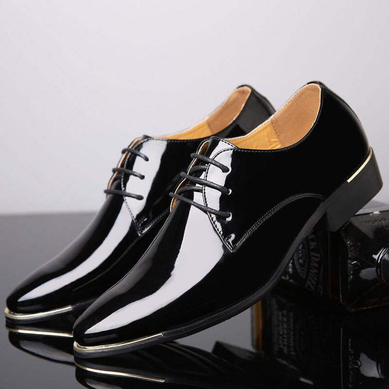 أحذية كلاسيكية من الجلد اللامع للرجال ، مقاس كبير ، إصبع نقطة ، أوكسفورد رسمي ، أربطة ، أحذية كاجوال للأعمال للرجال