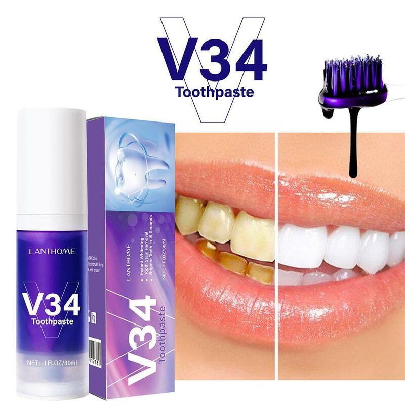 1 قطعة V34 الأرجواني لهجة اشراق معجون الأسنان تبييض تبييض المبهر جيدة الأسنان الأصفر تنظيف الجير لإزالة رائحة S T5J8