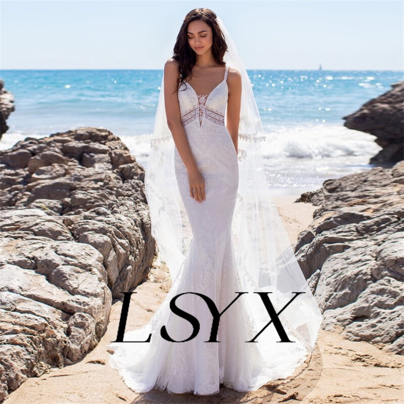 LSYX-فستان زفاف حورية البحر بدون أكمام ، رقبة على شكل حرف v ، أشرطة سباغيتي ، زر خلفي ، وهمي ، فستان زفاف أنيق ، طول الأرض ، مصنوع حسب الطلب