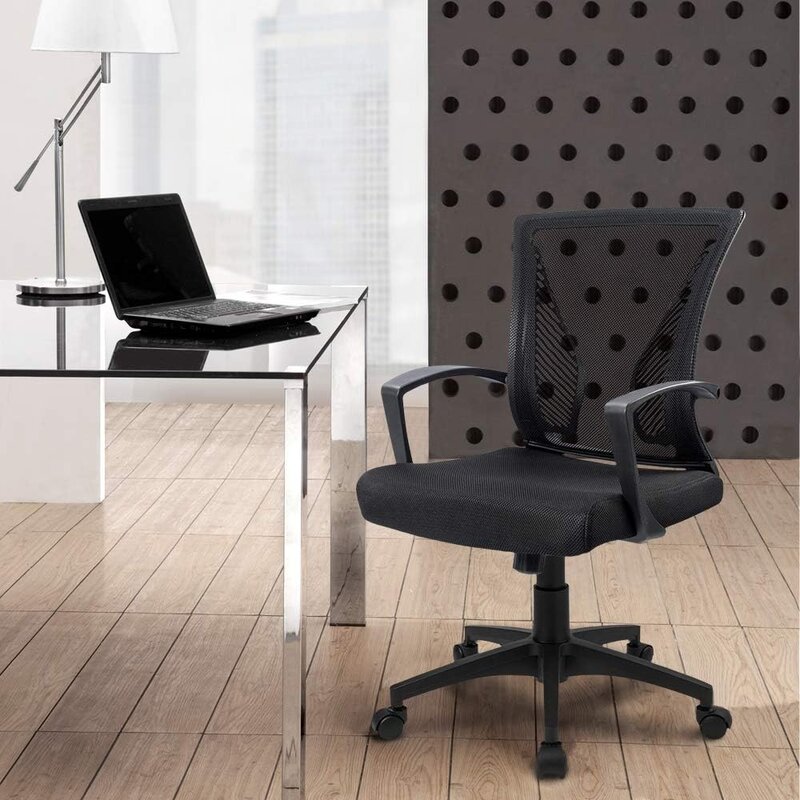 كرسي مكتب دوار بمنتصف الظهر ، كرسي شبكي مريح للكمبيوتر مع مسند ذراع ، مكتب أسود