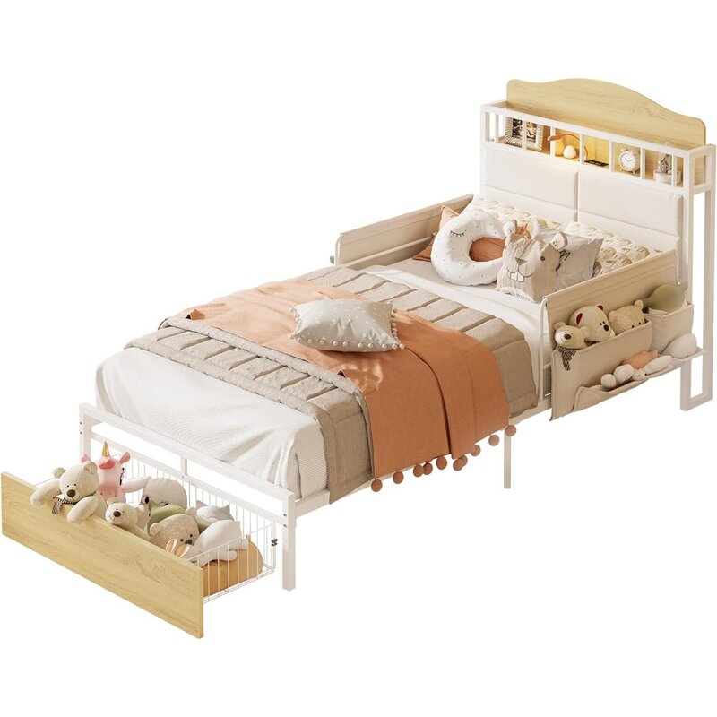 LIKIMIO-لوح أمامي متعدد الوظائف مع محطة شحن ، منصة معدنية متينة ، إطار سرير مزدوج ، درابزين وعلبة بجانب السرير